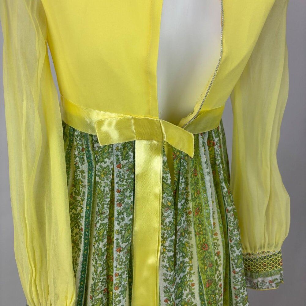Vintage 70s Maxi Dress Juniors Sheer Yellow Chiffon Sleeves Printed Skirt Bow - Picture 12 of 13